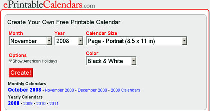 eprintable calendars, imprime almanaques del 2009 gratis